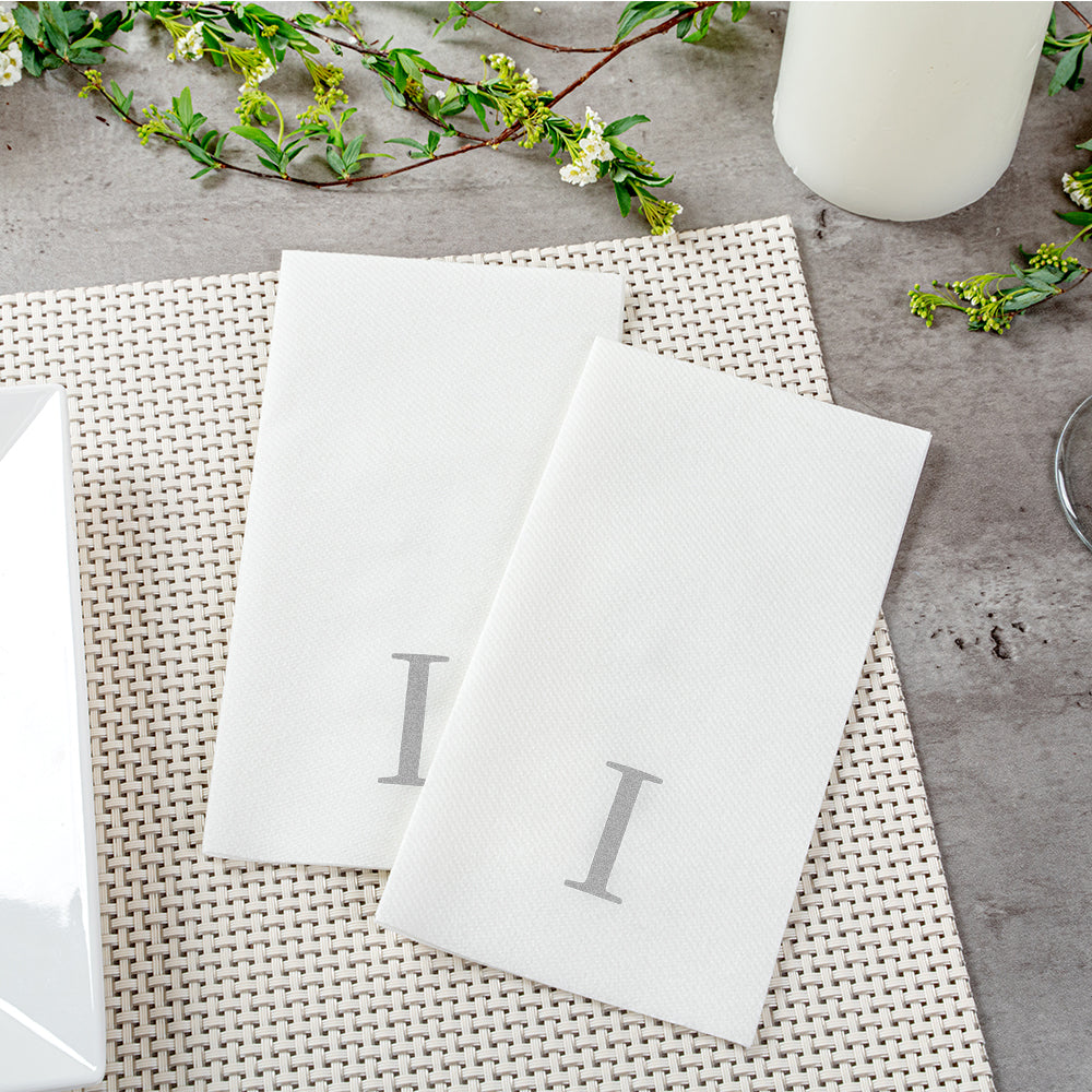 Luxenap Rectangle Silver Letter I White Paper Linen-Feel Guest Towel / Napkin - Air Laid, Sans Serif Font - 15 3/4" x 8" - 50 count box