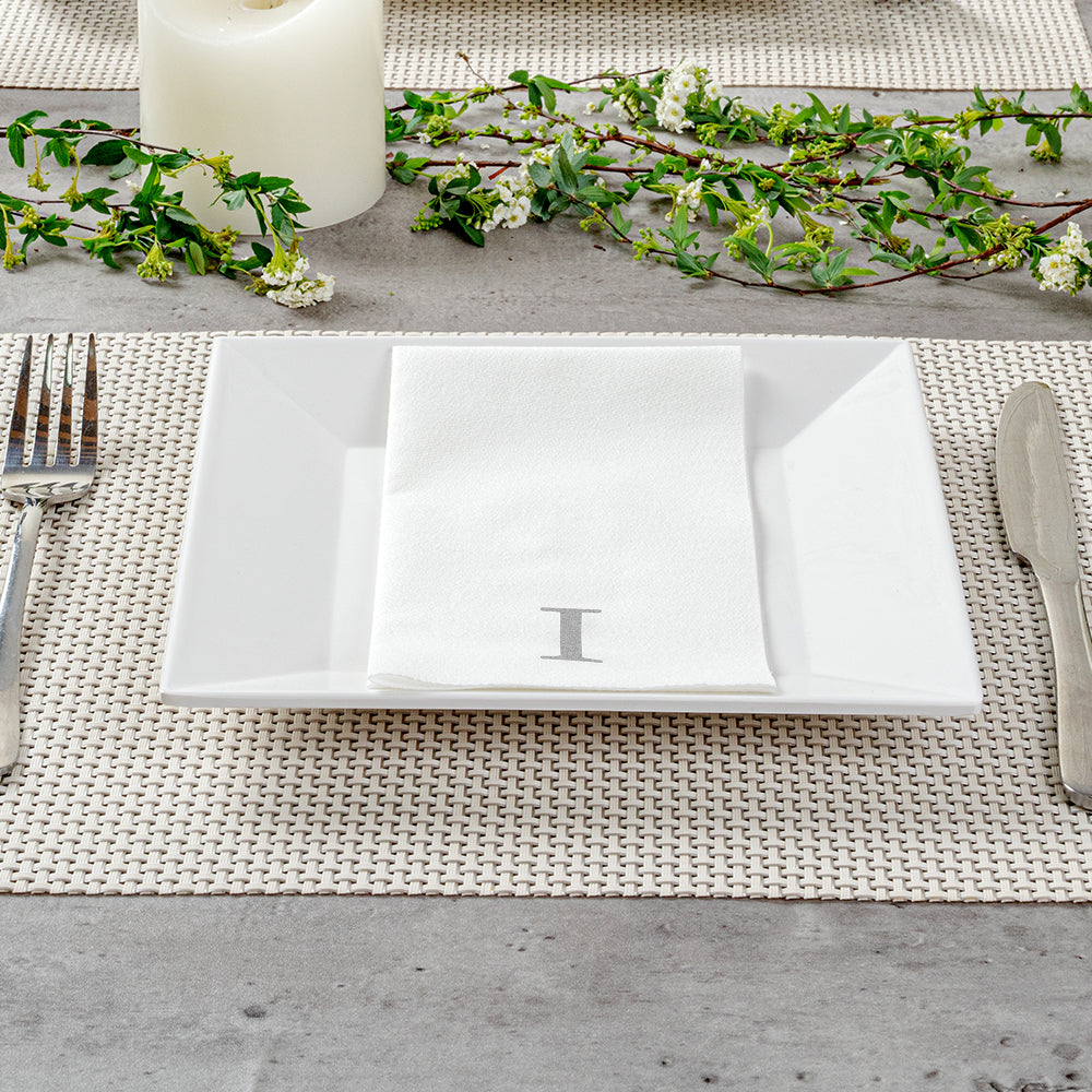Luxenap Rectangle Silver Letter I White Paper Linen-Feel Guest Towel / Napkin - Air Laid, Sans Serif Font - 15 3/4" x 8" - 50 count box