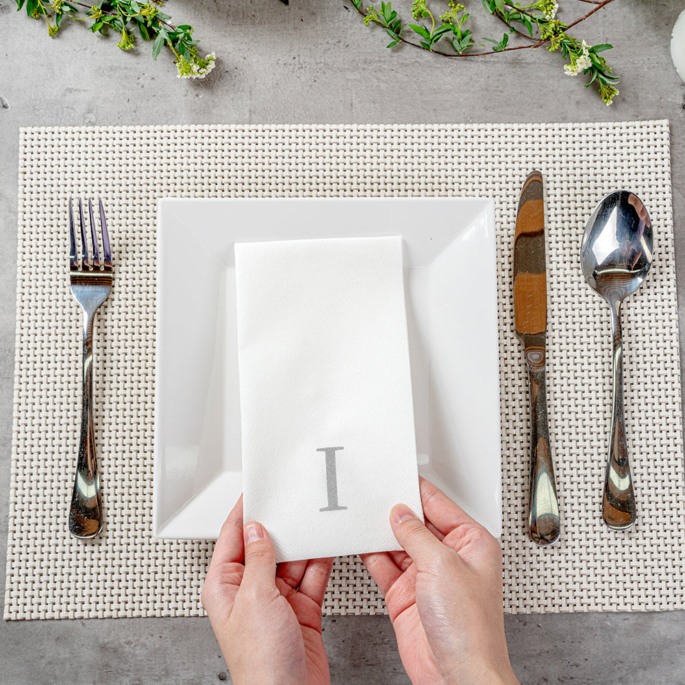 Luxenap Rectangle Silver Letter I White Paper Linen-Feel Guest Towel / Napkin - Air Laid, Sans Serif Font - 15 3/4" x 8" - 2000 count box