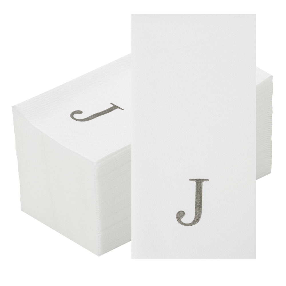 Luxenap Rectangle Silver Letter J White Paper Linen-Feel Guest Towel / Napkin - Air Laid, Sans Serif Font - 15 3/4" x 8" - 50 count box