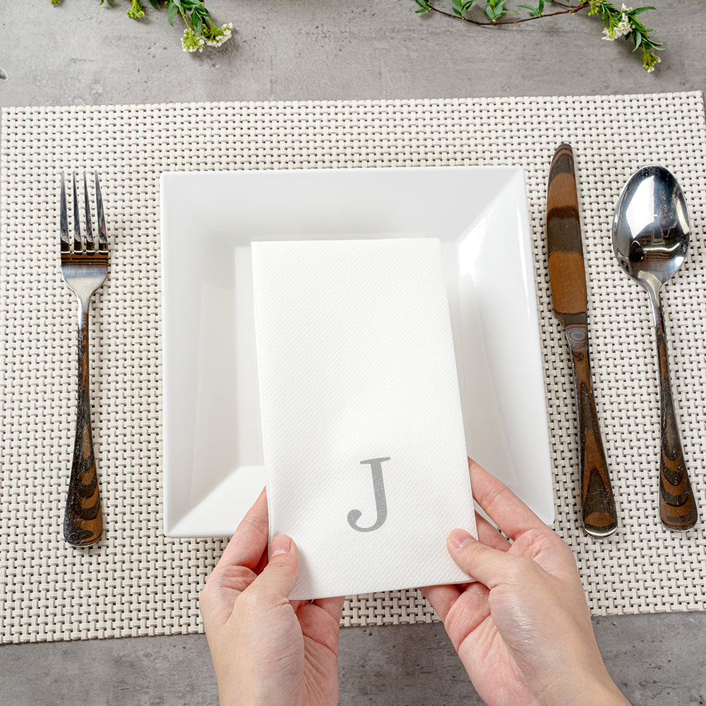 Luxenap Rectangle Silver Letter J White Paper Linen-Feel Guest Towel / Napkin - Air Laid, Sans Serif Font - 15 3/4" x 8" - 2000 count box
