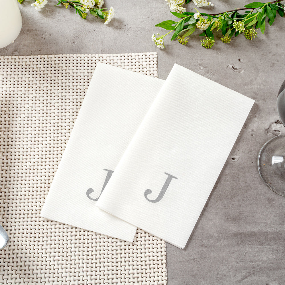 Luxenap Rectangle Silver Letter J White Paper Linen-Feel Guest Towel / Napkin - Air Laid, Sans Serif Font - 15 3/4" x 8" - 2000 count box