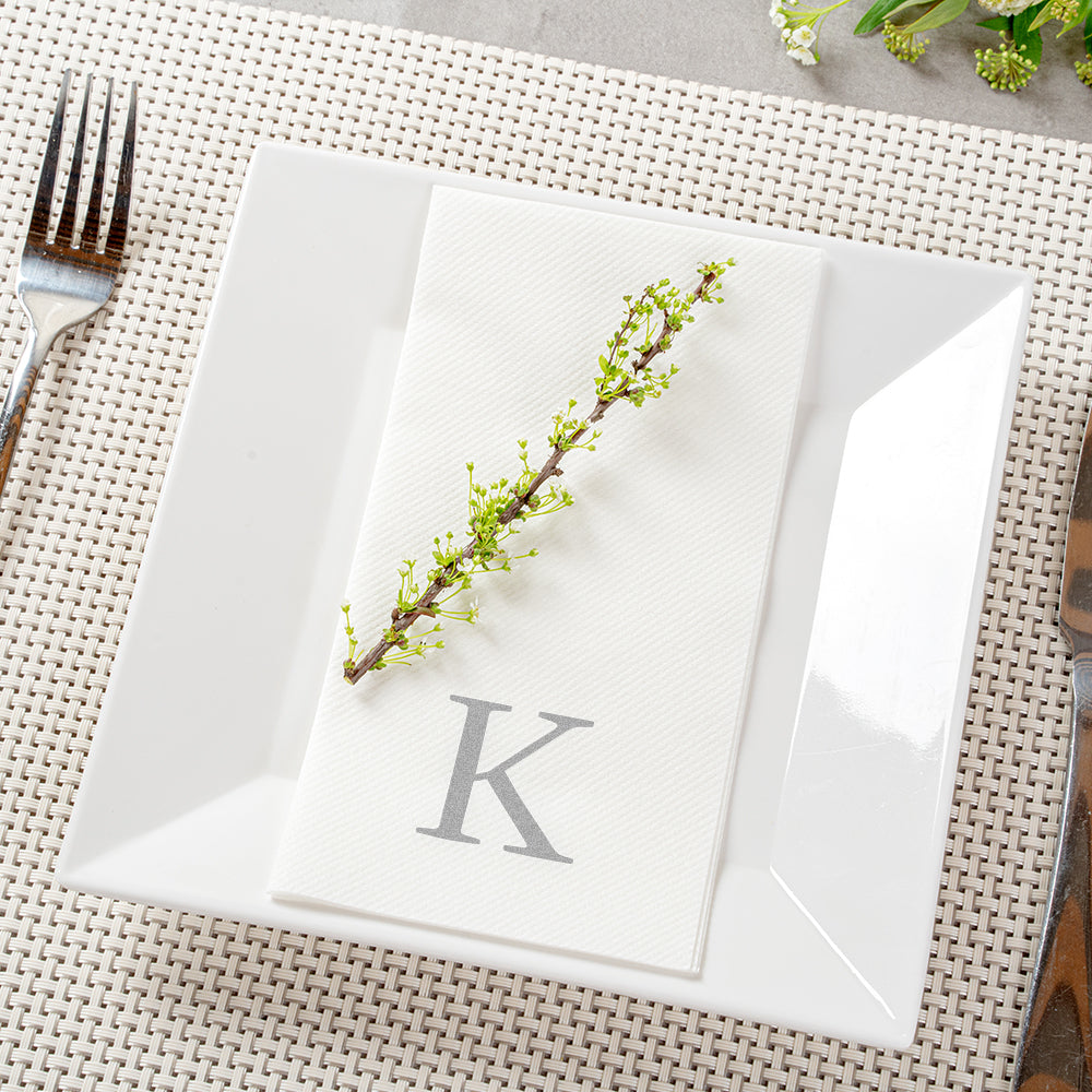 Luxenap Rectangle Silver Letter K White Paper Linen-Feel Guest Towel / Napkin - Air Laid, Sans Serif Font - 15 3/4" x 8" - 2000 count box
