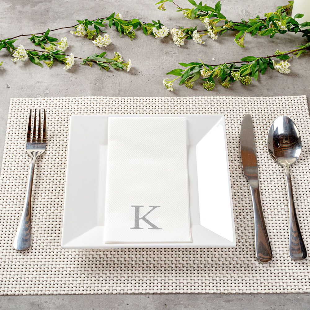 Luxenap Rectangle Silver Letter K White Paper Linen-Feel Guest Towel / Napkin - Air Laid, Sans Serif Font - 15 3/4" x 8" - 2000 count box