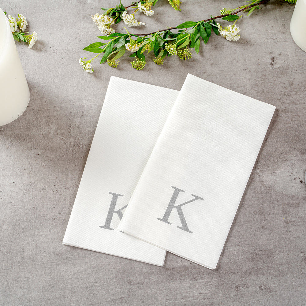 Luxenap Rectangle Silver Letter K White Paper Linen-Feel Guest Towel / Napkin - Air Laid, Sans Serif Font - 15 3/4" x 8" - 2000 count box