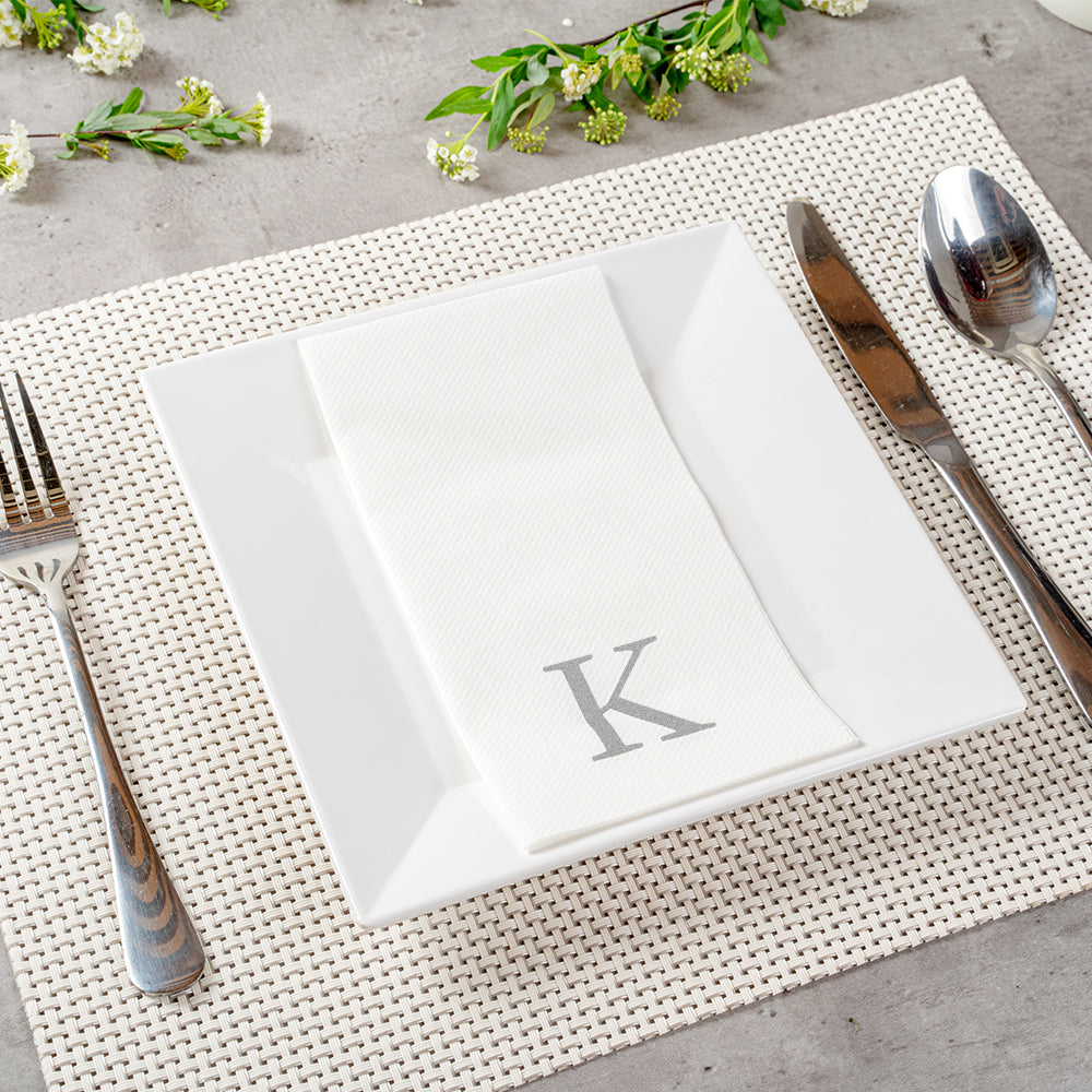 Luxenap Rectangle Silver Letter K White Paper Linen-Feel Guest Towel / Napkin - Air Laid, Sans Serif Font - 15 3/4" x 8" - 2000 count box