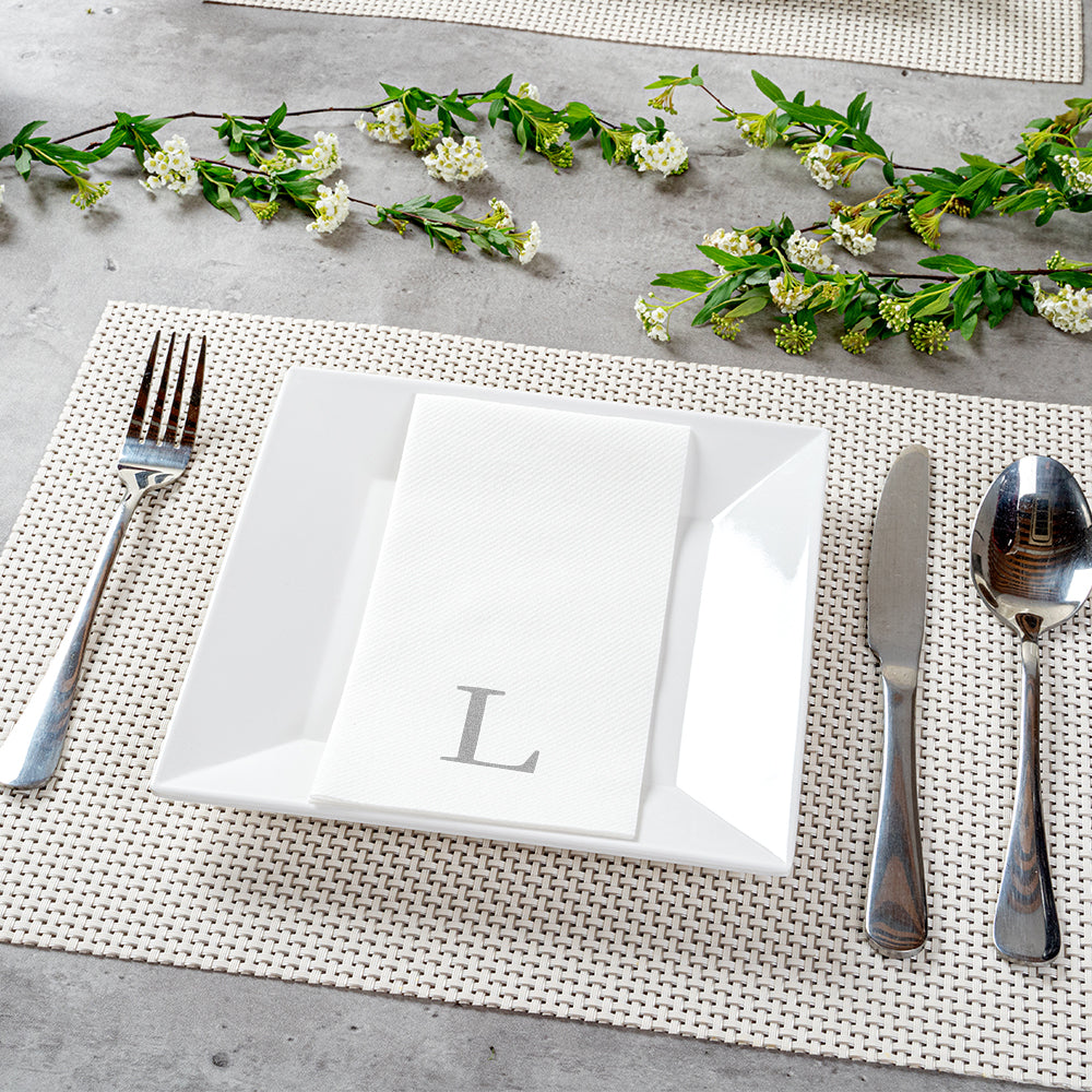 Luxenap Rectangle Silver Letter L White Paper Linen-Feel Guest Towel / Napkin - Air Laid, Sans Serif Font - 15 3/4" x 8" - 2000 count box