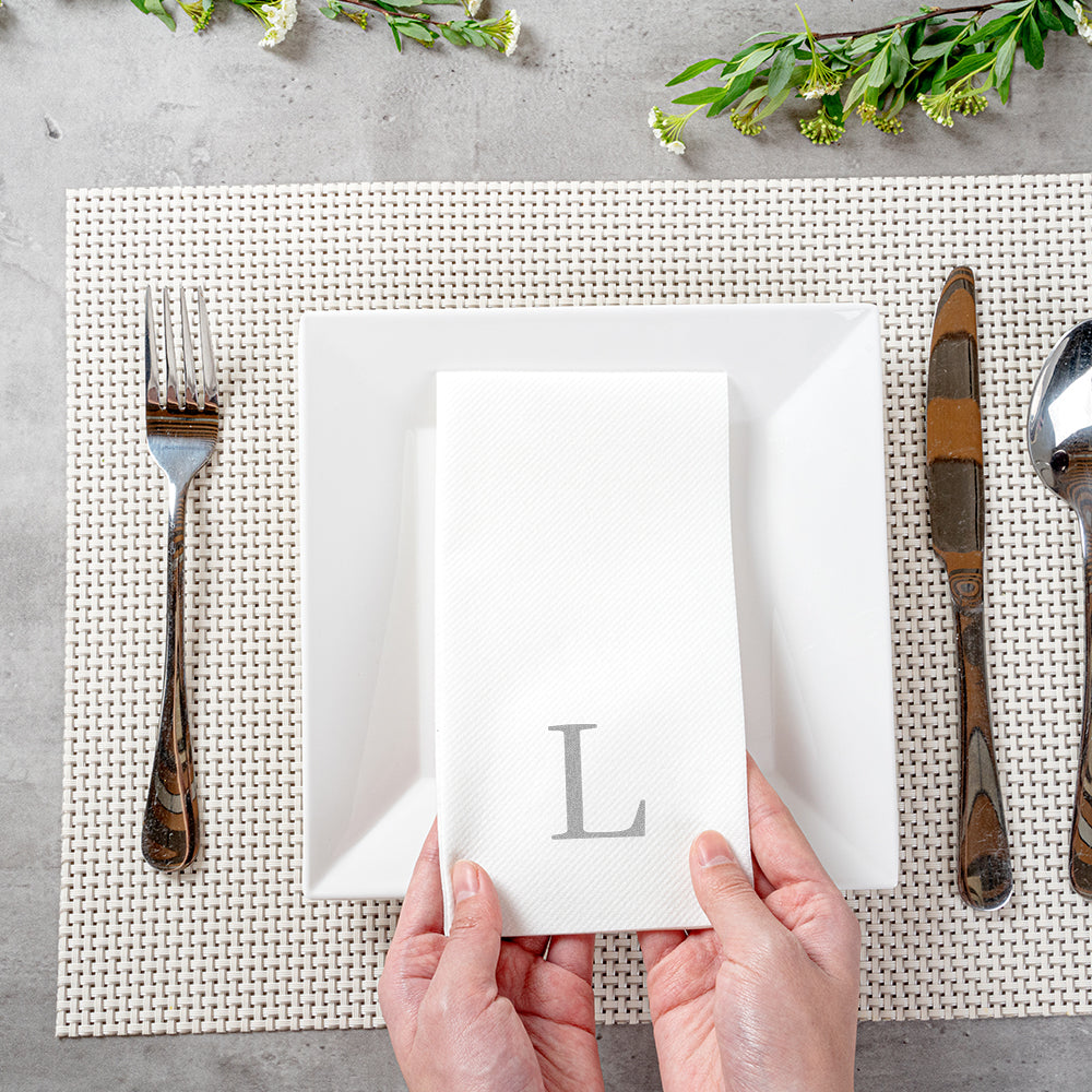 Luxenap Rectangle Silver Letter L White Paper Linen-Feel Guest Towel / Napkin - Air Laid, Sans Serif Font - 15 3/4" x 8" - 50 count box