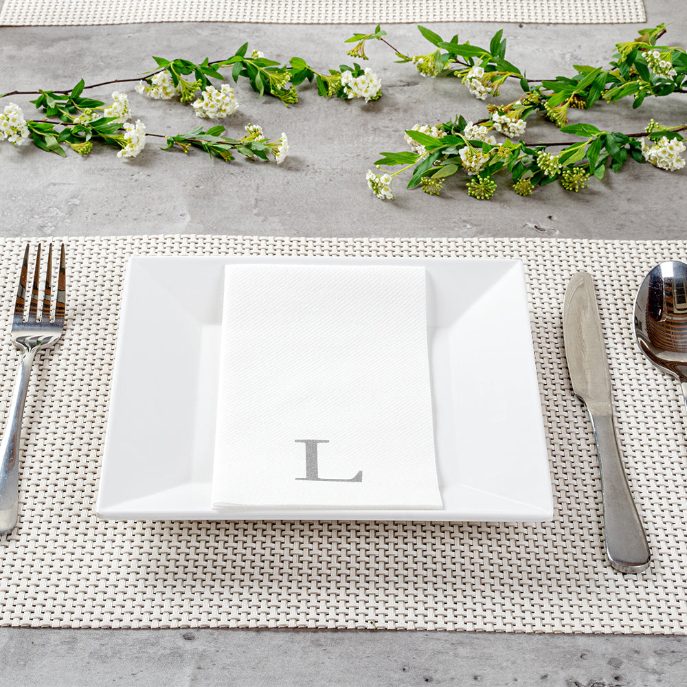 Luxenap Rectangle Silver Letter L White Paper Linen-Feel Guest Towel / Napkin - Air Laid, Sans Serif Font - 15 3/4" x 8" - 50 count box