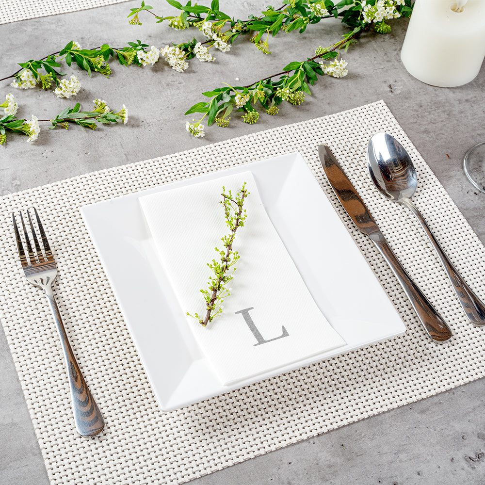 Luxenap Rectangle Silver Letter L White Paper Linen-Feel Guest Towel / Napkin - Air Laid, Sans Serif Font - 15 3/4" x 8" - 2000 count box
