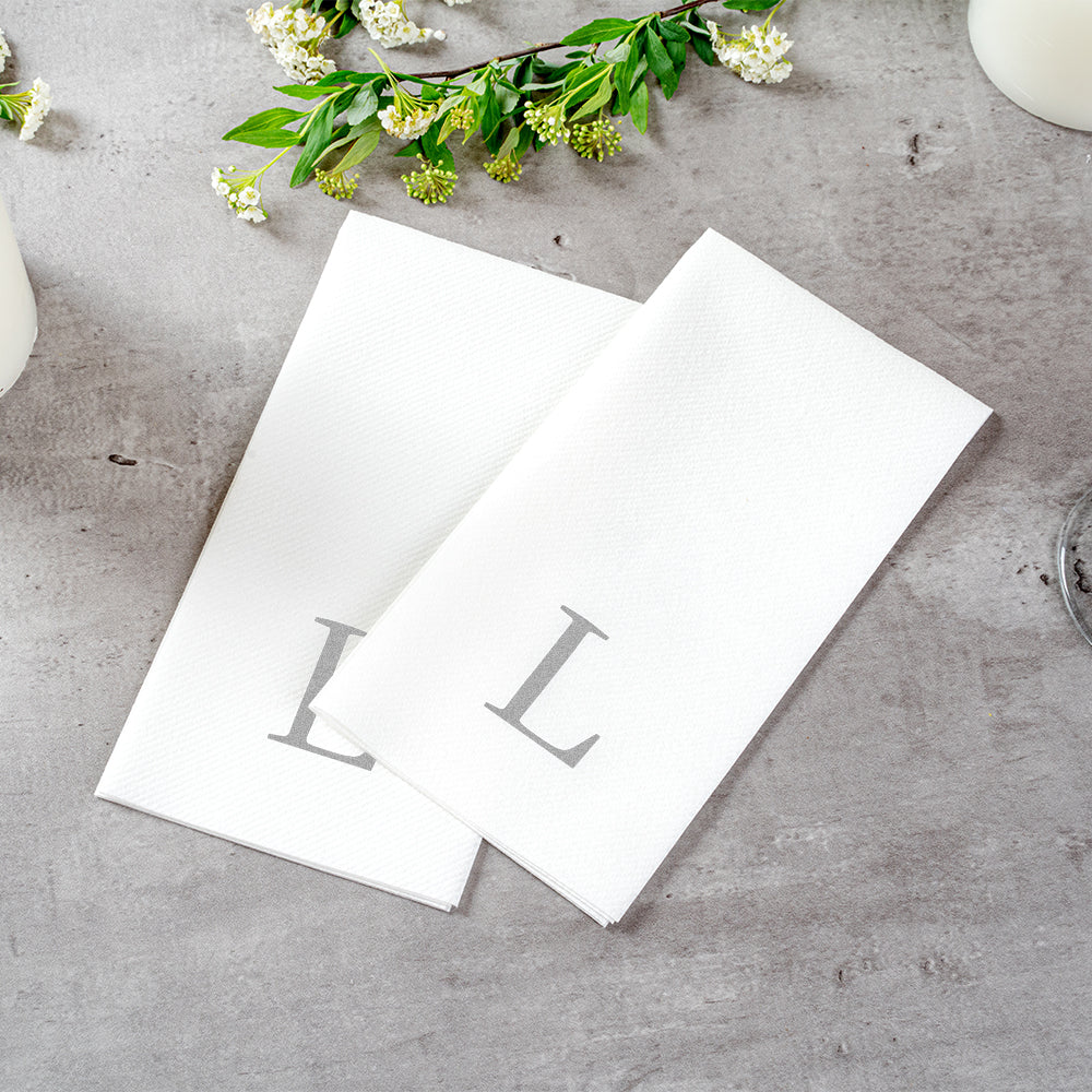 Luxenap Rectangle Silver Letter L White Paper Linen-Feel Guest Towel / Napkin - Air Laid, Sans Serif Font - 15 3/4" x 8" - 2000 count box