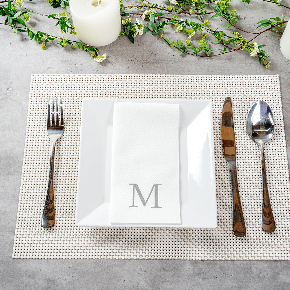 Luxenap Rectangle Silver Letter M White Paper Linen-Feel Guest Towel / Napkin - Air Laid, Sans Serif Font - 15 3/4" x 8" - 50 count box