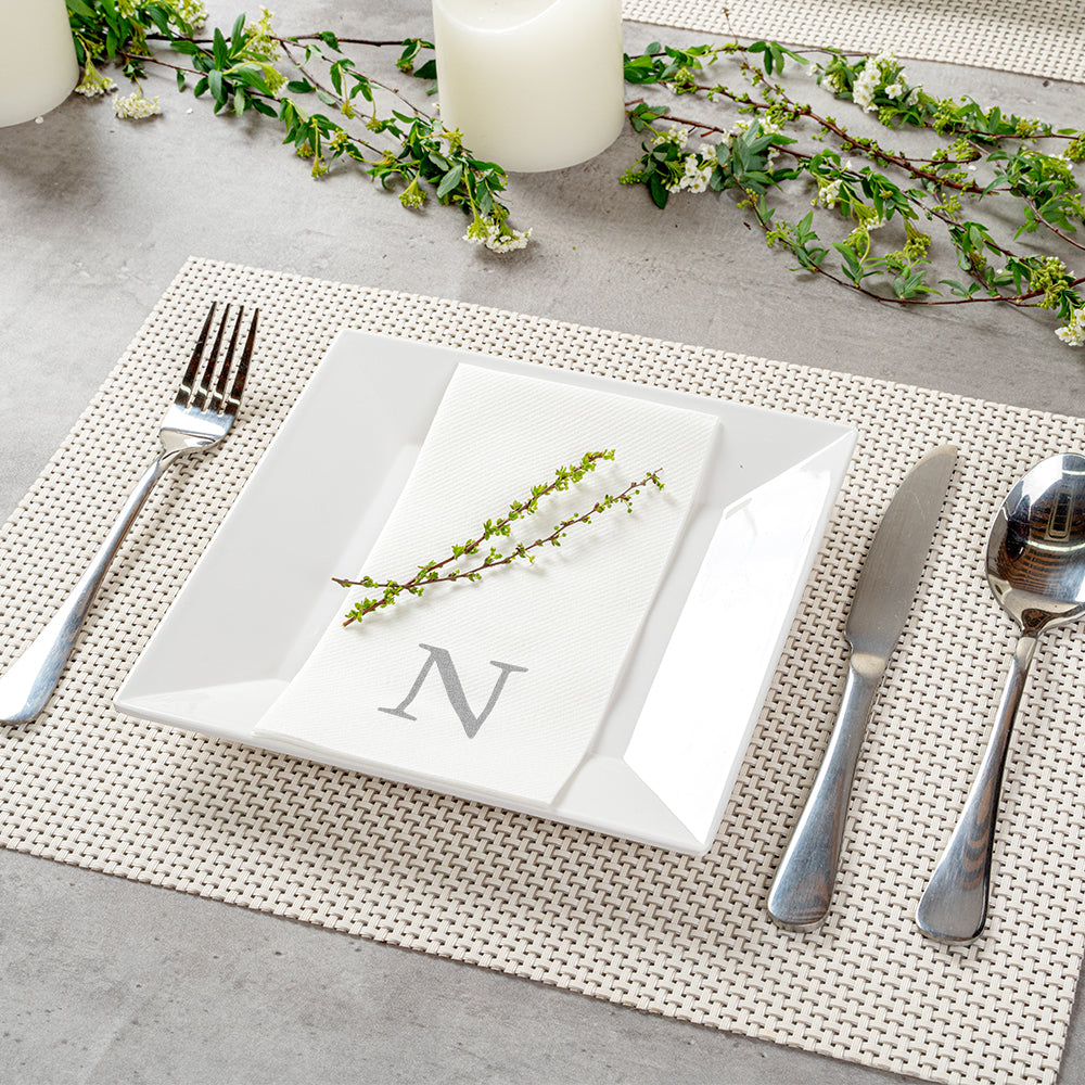 Luxenap Rectangle Silver Letter N White Paper Linen-Feel Guest Towel / Napkin - Air Laid, Sans Serif Font - 15 3/4" x 8" - 50 count box