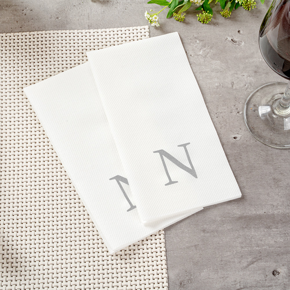 Luxenap Rectangle Silver Letter N White Paper Linen-Feel Guest Towel / Napkin - Air Laid, Sans Serif Font - 15 3/4" x 8" - 50 count box