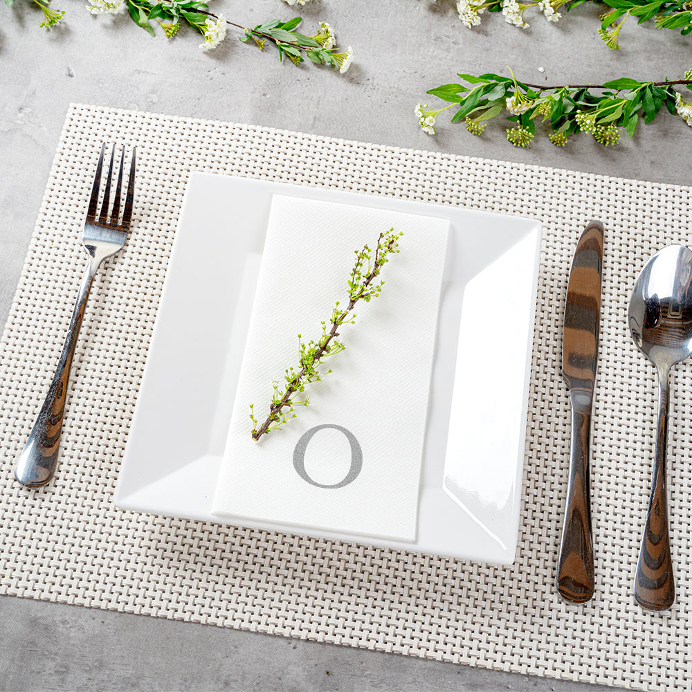 Luxenap Rectangle Silver Letter O White Paper Linen-Feel Guest Towel / Napkin - Air Laid, Sans Serif Font - 15 3/4" x 8" - 2000 count box
