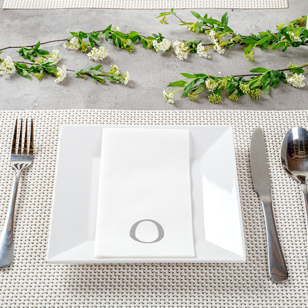 Luxenap Rectangle Silver Letter O White Paper Linen-Feel Guest Towel / Napkin - Air Laid, Sans Serif Font - 15 3/4" x 8" - 50 count box