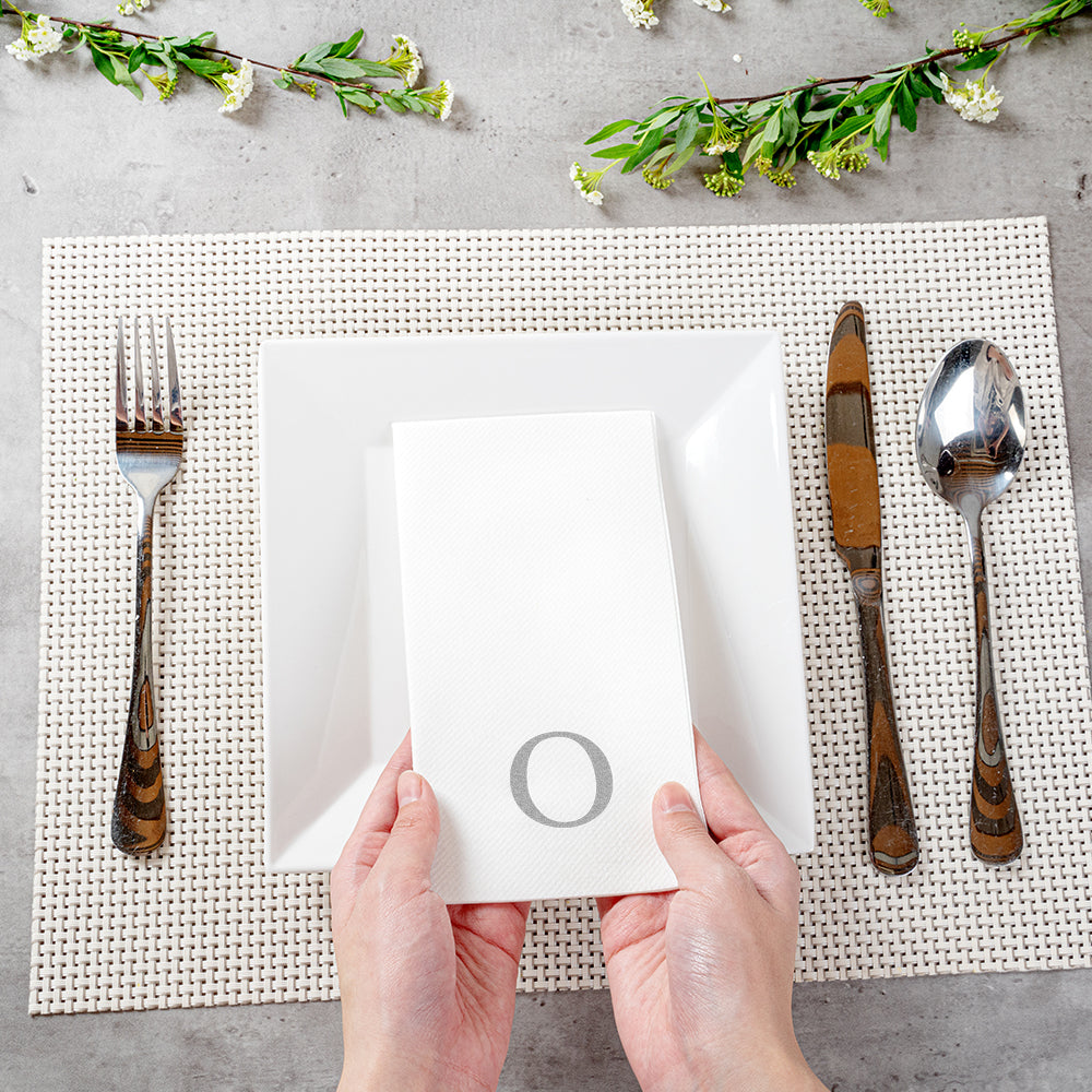 Luxenap Rectangle Silver Letter O White Paper Linen-Feel Guest Towel / Napkin - Air Laid, Sans Serif Font - 15 3/4" x 8" - 50 count box