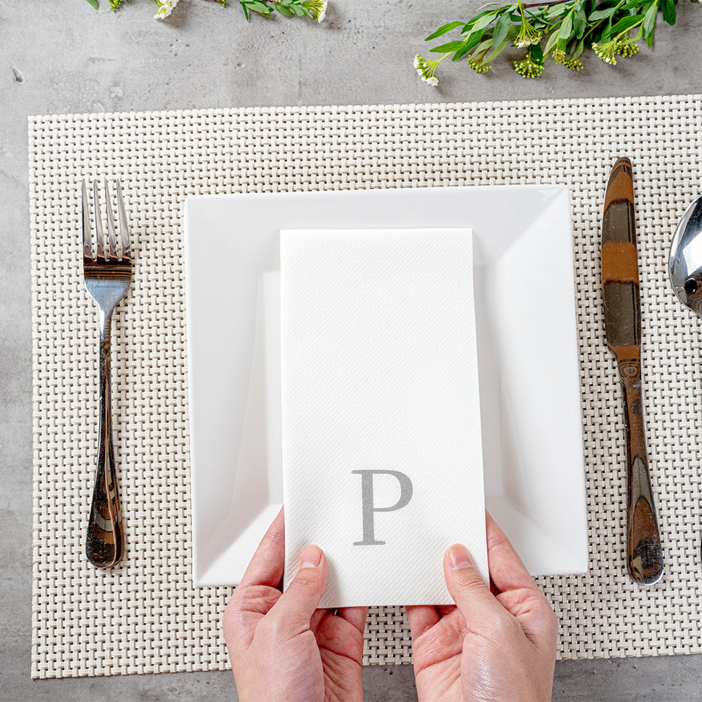 Luxenap Rectangle Silver Letter P White Paper Linen-Feel Guest Towel / Napkin - Air Laid, Sans Serif Font - 15 3/4" x 8" - 2000 count box
