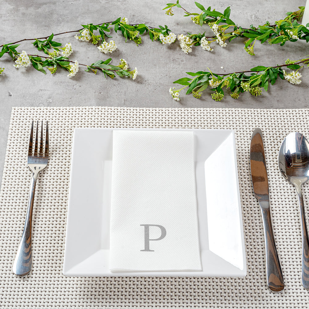 Luxenap Rectangle Silver Letter P White Paper Linen-Feel Guest Towel / Napkin - Air Laid, Sans Serif Font - 15 3/4" x 8" - 2000 count box