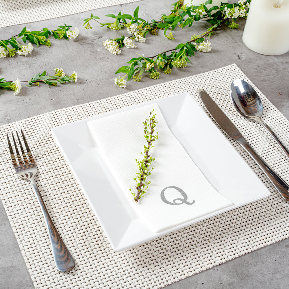 Luxenap Rectangle Silver Letter Q White Paper Linen-Feel Guest Towel / Napkin - Air Laid, Sans Serif Font - 15 3/4" x 8" - 50 count box