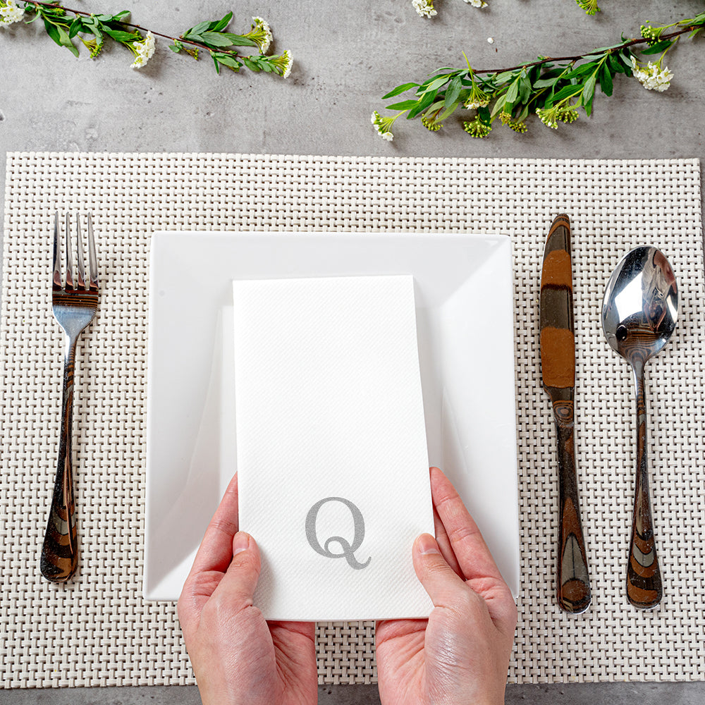 Luxenap Rectangle Silver Letter Q White Paper Linen-Feel Guest Towel / Napkin - Air Laid, Sans Serif Font - 15 3/4" x 8" - 50 count box