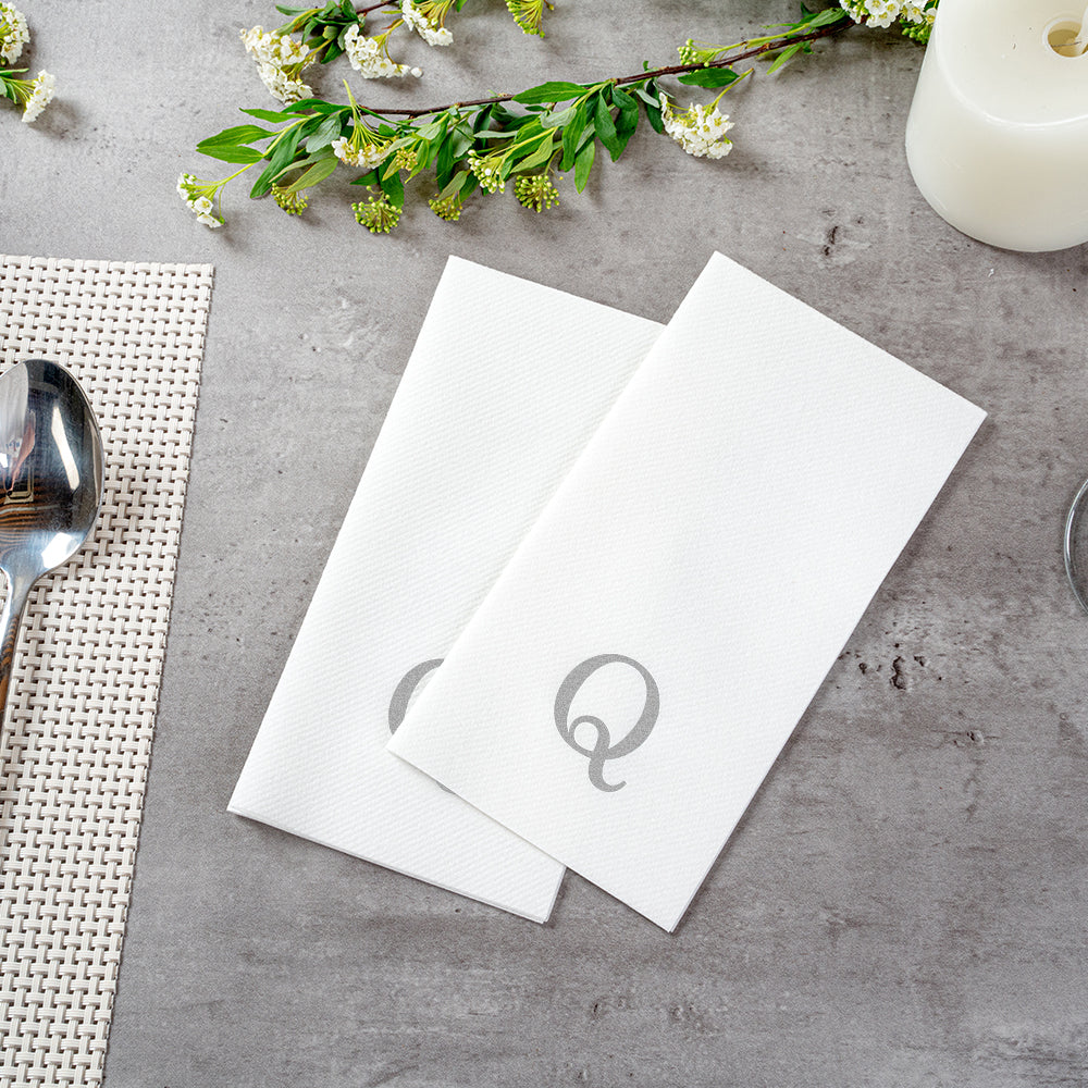 Luxenap Rectangle Silver Letter Q White Paper Linen-Feel Guest Towel / Napkin - Air Laid, Sans Serif Font - 15 3/4" x 8" - 2000 count box