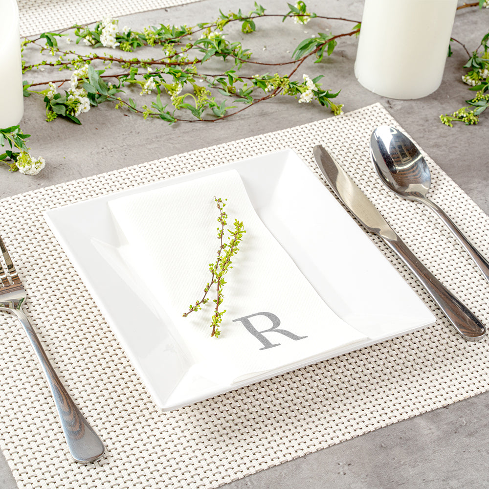 Luxenap Rectangle Silver Letter R White Paper Linen-Feel Guest Towel / Napkin - Air Laid, Sans Serif Font - 15 3/4" x 8" - 50 count box