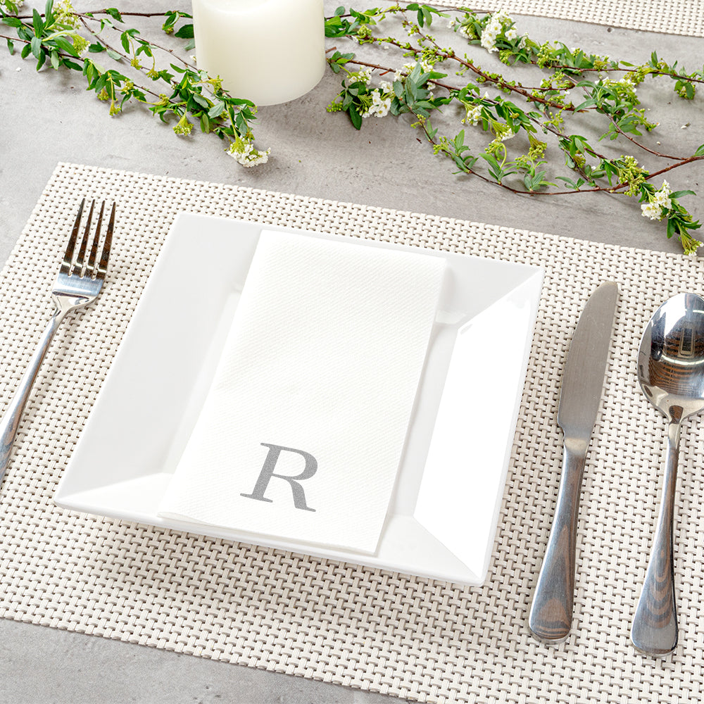 Luxenap Rectangle Silver Letter R White Paper Linen-Feel Guest Towel / Napkin - Air Laid, Sans Serif Font - 15 3/4" x 8" - 50 count box