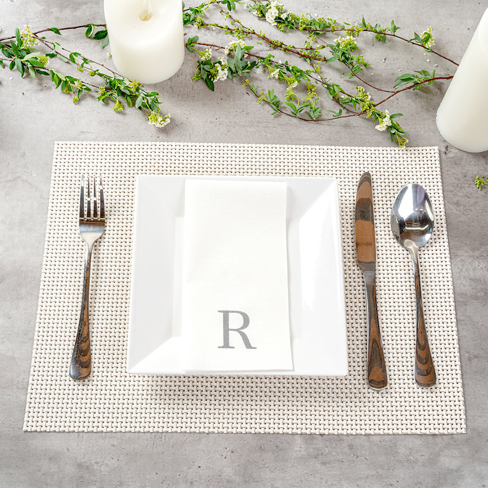 Luxenap Rectangle Silver Letter R White Paper Linen-Feel Guest Towel / Napkin - Air Laid, Sans Serif Font - 15 3/4" x 8" - 2000 count box