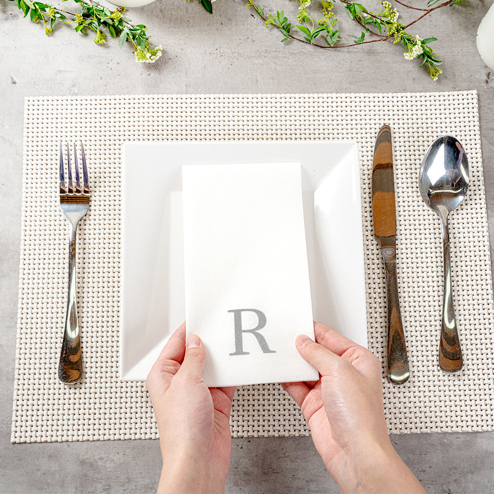 Luxenap Rectangle Silver Letter R White Paper Linen-Feel Guest Towel / Napkin - Air Laid, Sans Serif Font - 15 3/4" x 8" - 2000 count box