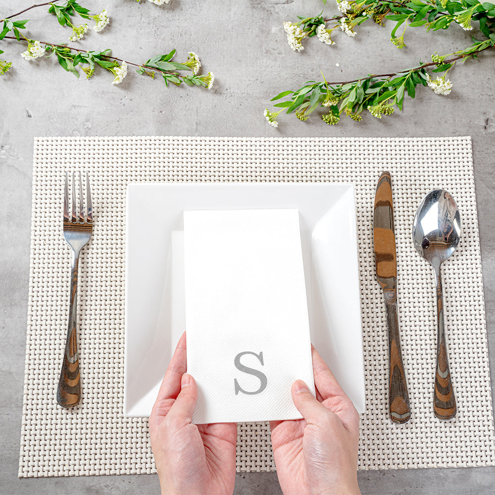 Luxenap Rectangle Silver Letter S White Paper Linen-Feel Guest Towel / Napkin - Air Laid, Sans Serif Font - 15 3/4" x 8" - 50 count box