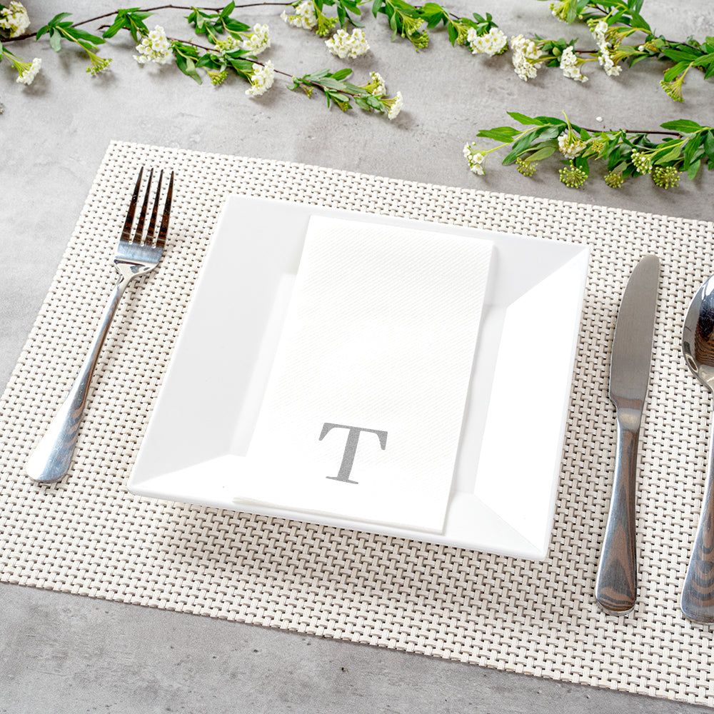 Luxenap Rectangle Silver Letter T White Paper Linen-Feel Guest Towel / Napkin - Air Laid, Sans Serif Font - 15 3/4" x 8" - 50 count box