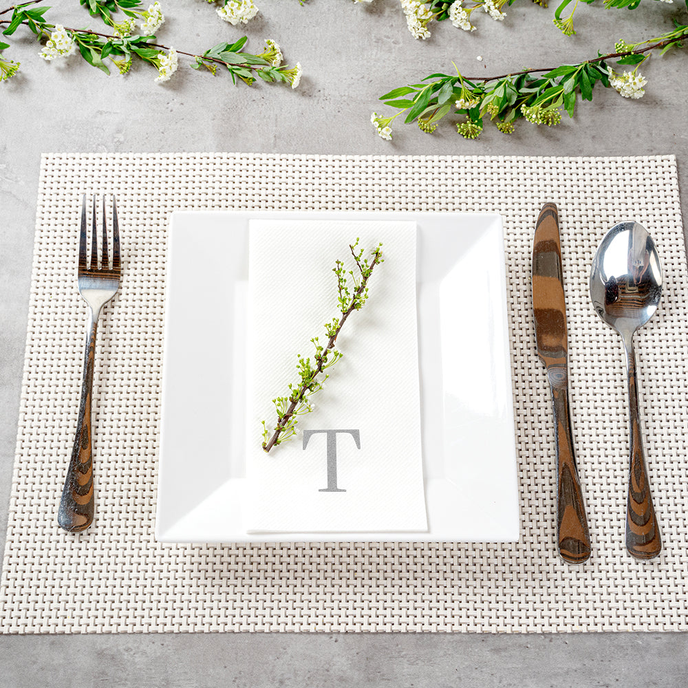 Luxenap Rectangle Silver Letter T White Paper Linen-Feel Guest Towel / Napkin - Air Laid, Sans Serif Font - 15 3/4" x 8" - 50 count box