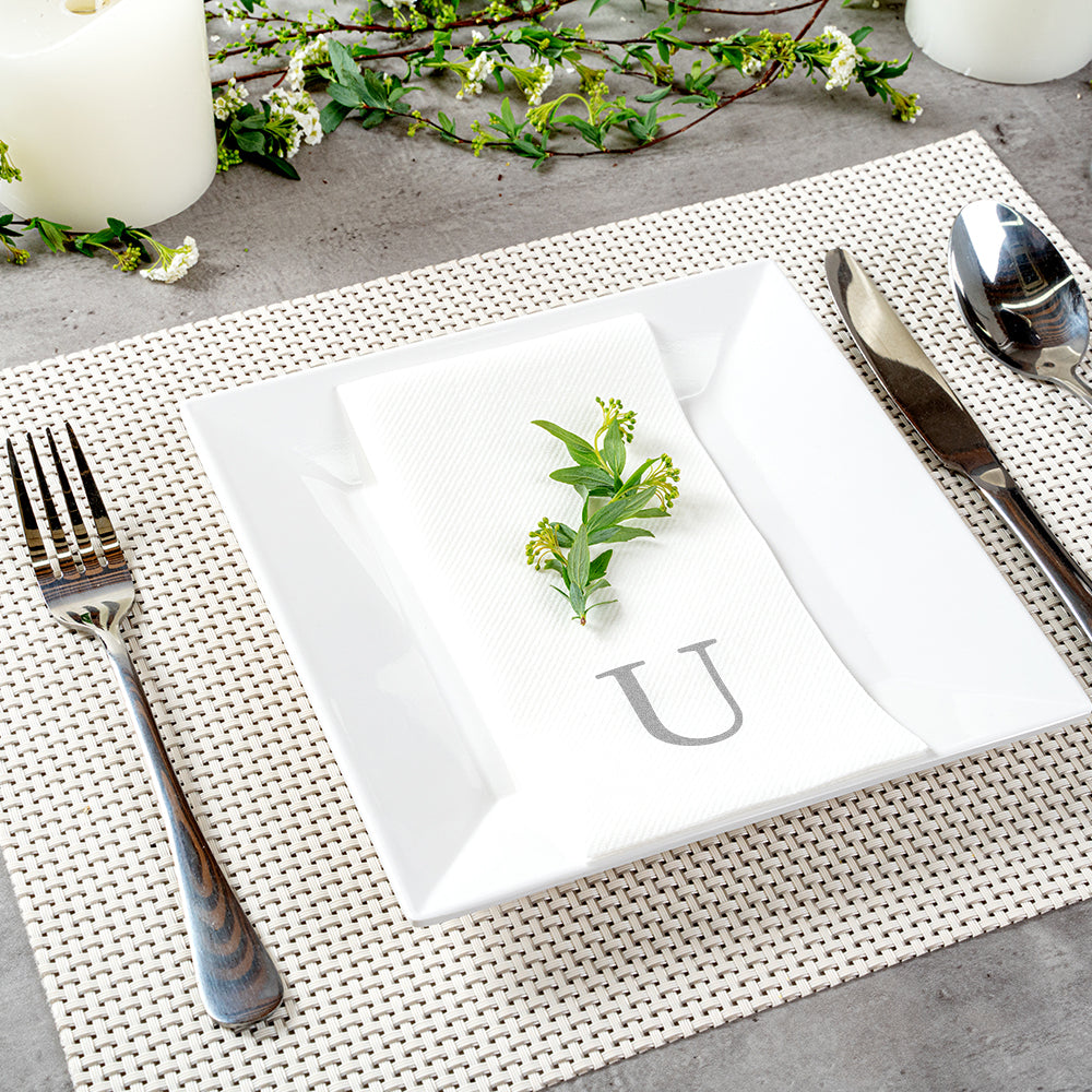 Luxenap Rectangle Silver Letter U White Paper Linen-Feel Guest Towel / Napkin - Air Laid, Sans Serif Font - 15 3/4" x 8" - 50 count box