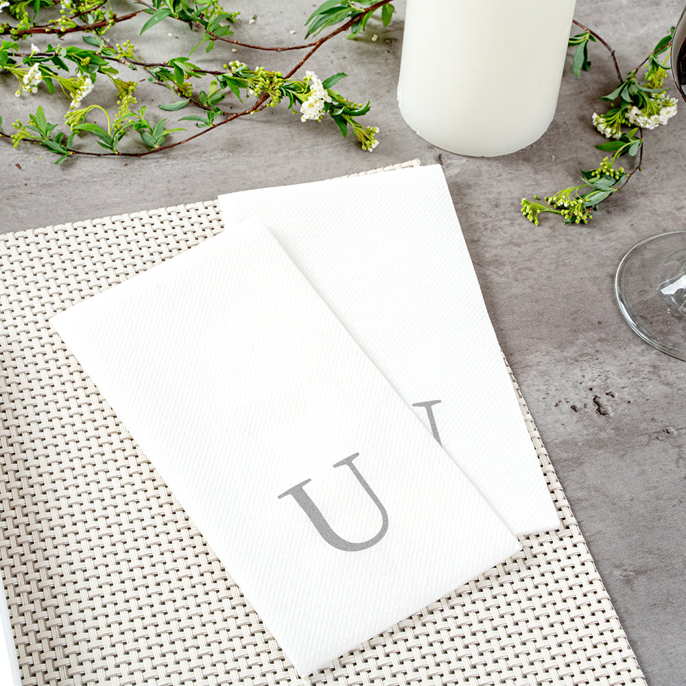Luxenap Rectangle Silver Letter U White Paper Linen-Feel Guest Towel / Napkin - Air Laid, Sans Serif Font - 15 3/4" x 8" - 50 count box