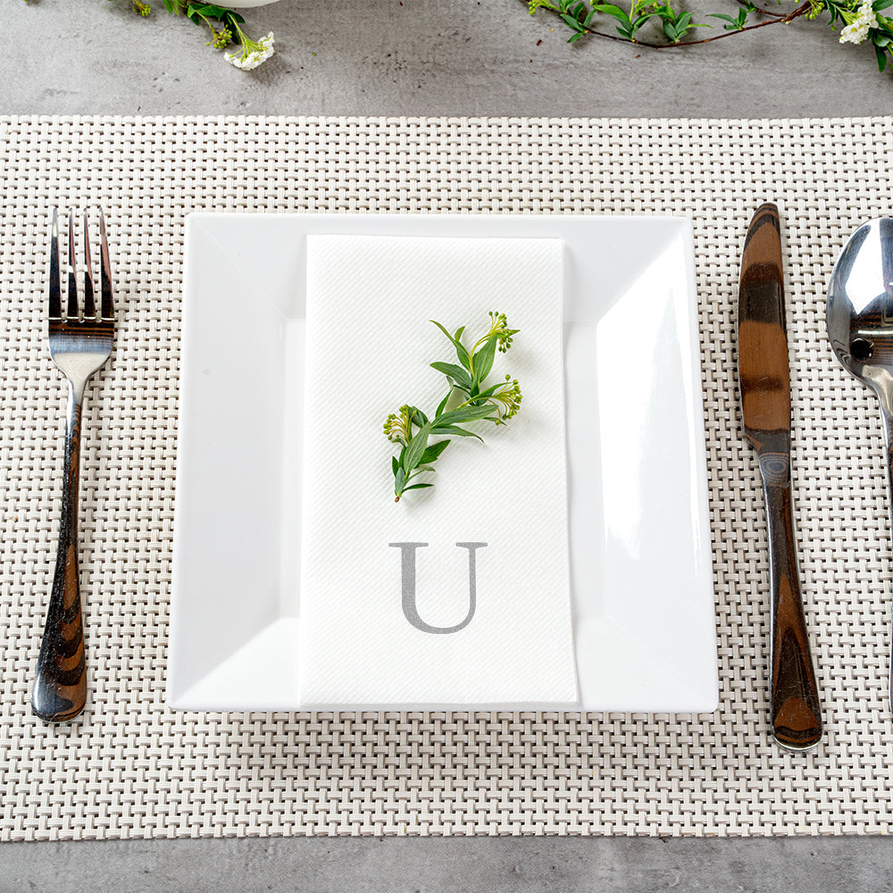 Luxenap Rectangle Silver Letter U White Paper Linen-Feel Guest Towel / Napkin - Air Laid, Sans Serif Font - 15 3/4" x 8" - 2000 count box