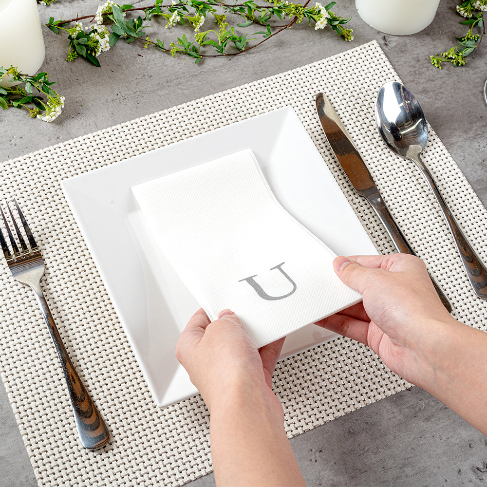 Luxenap Rectangle Silver Letter U White Paper Linen-Feel Guest Towel / Napkin - Air Laid, Sans Serif Font - 15 3/4" x 8" - 2000 count box