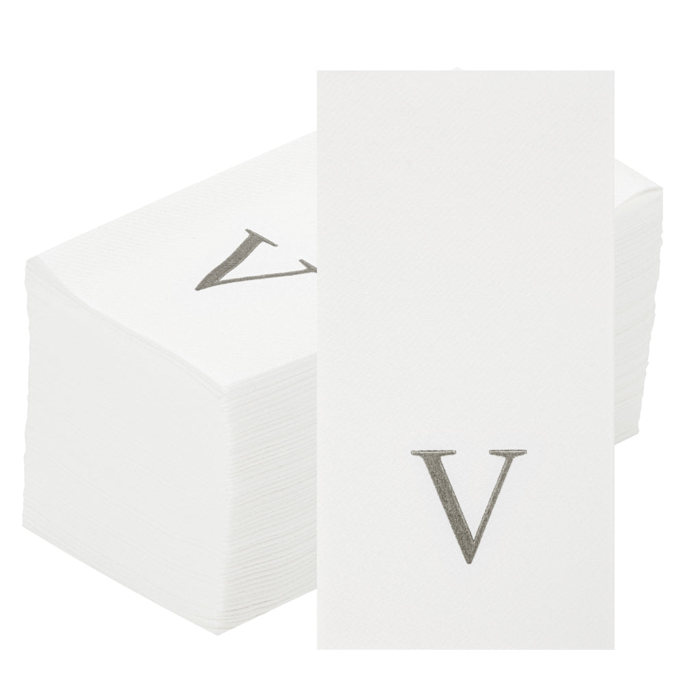 Luxenap Rectangle Silver Letter V White Paper Linen-Feel Guest Towel / Napkin - Air Laid, Sans Serif Font - 15 3/4" x 8" - 50 count box