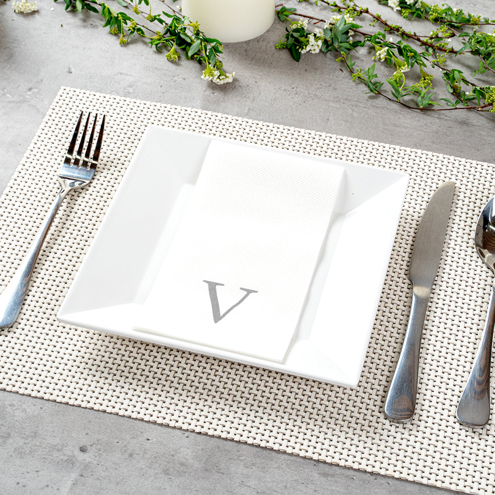 Luxenap Rectangle Silver Letter V White Paper Linen-Feel Guest Towel / Napkin - Air Laid, Sans Serif Font - 15 3/4" x 8" - 50 count box