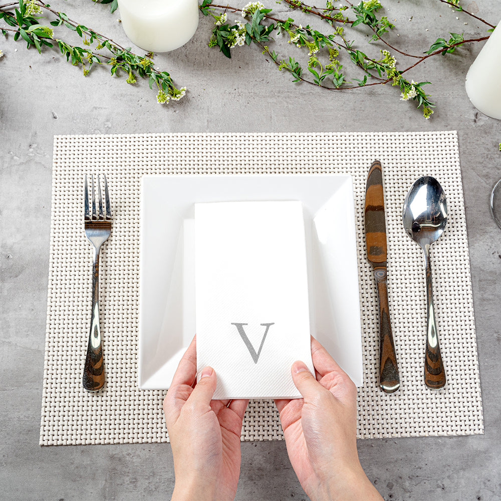 Luxenap Rectangle Silver Letter V White Paper Linen-Feel Guest Towel / Napkin - Air Laid, Sans Serif Font - 15 3/4" x 8" - 50 count box