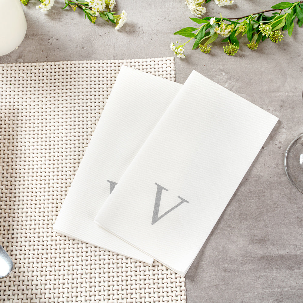 Luxenap Rectangle Silver Letter V White Paper Linen-Feel Guest Towel / Napkin - Air Laid, Sans Serif Font - 15 3/4" x 8" - 2000 count box