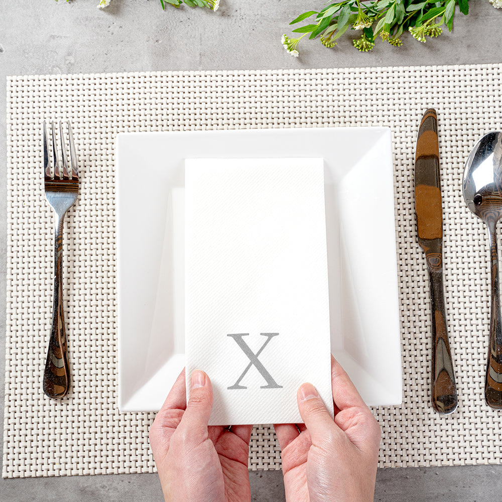Luxenap Rectangle Silver Letter X White Paper Linen-Feel Guest Towel / Napkin - Air Laid, Sans Serif Font - 15 3/4" x 8" - 50 count box