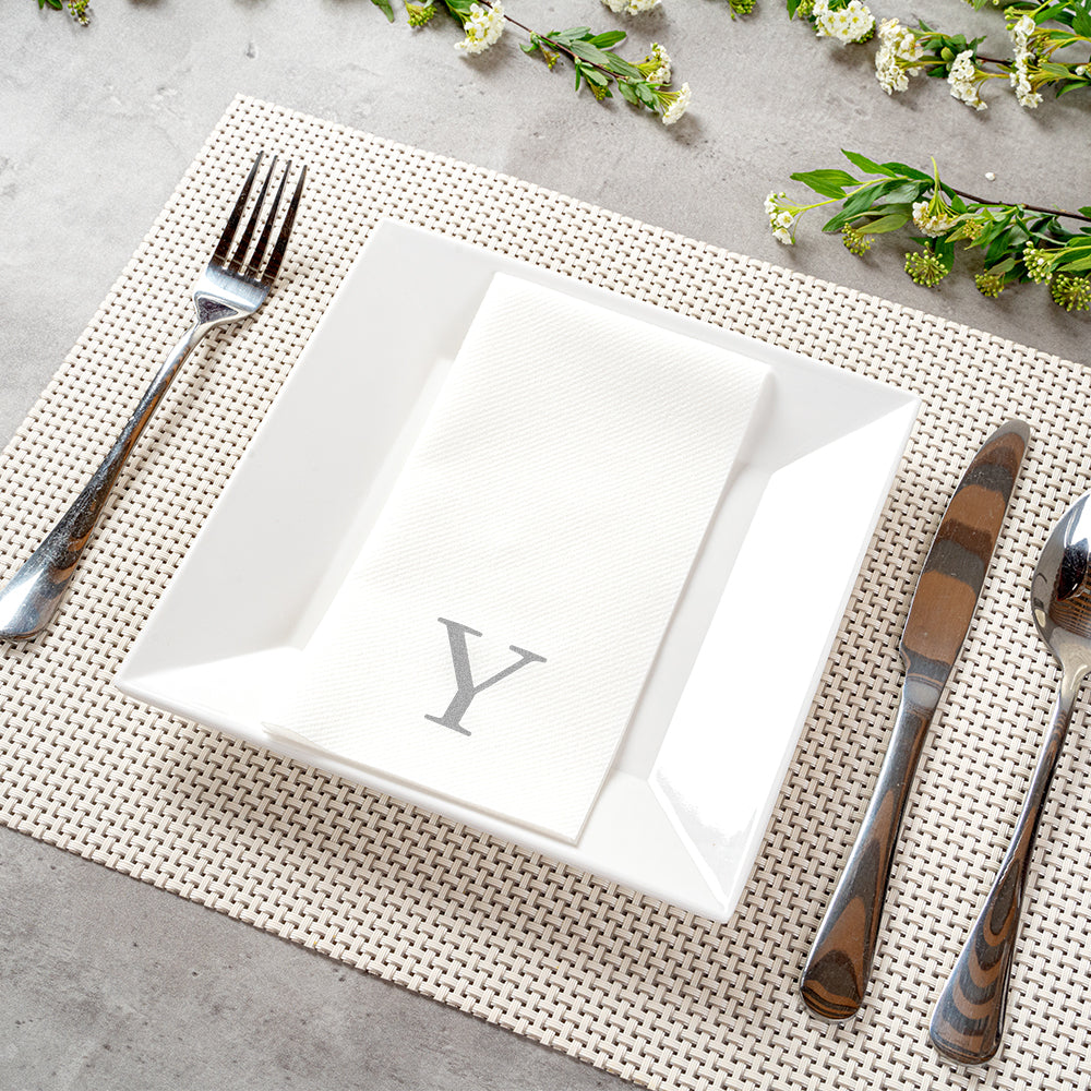 Luxenap Rectangle Silver Letter Y White Paper Linen-Feel Guest Towel / Napkin - Air Laid, Sans Serif Font - 15 3/4" x 8" - 2000 count box