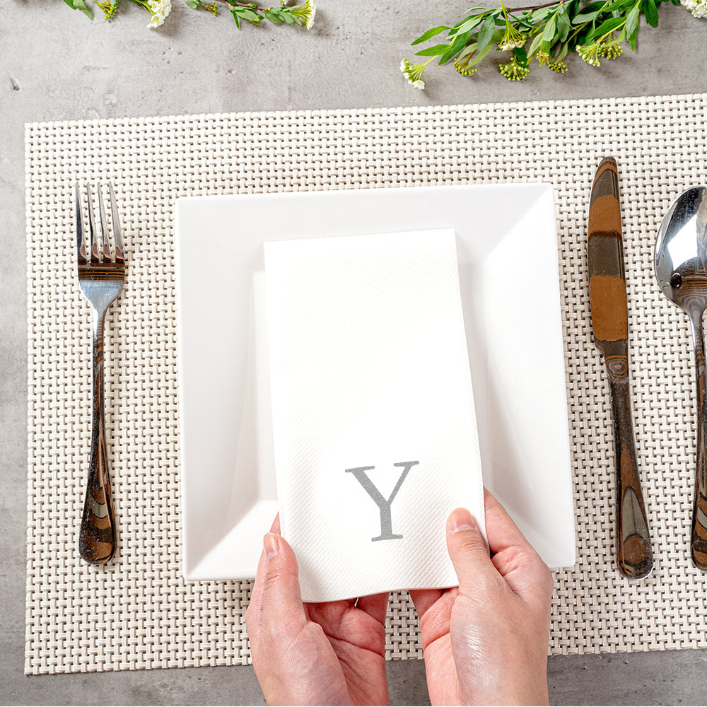 Luxenap Rectangle Silver Letter Y White Paper Linen-Feel Guest Towel / Napkin - Air Laid, Sans Serif Font - 15 3/4" x 8" - 2000 count box