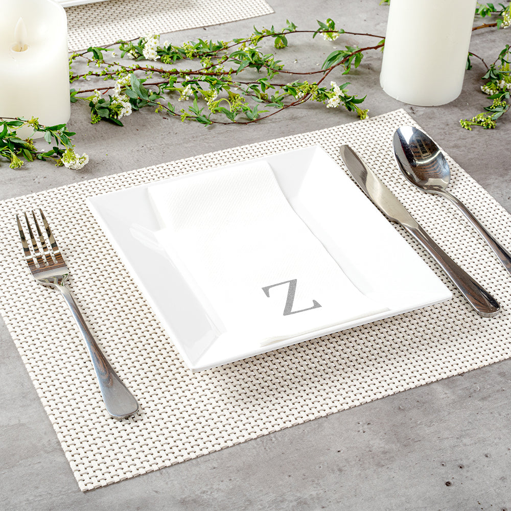 Luxenap Rectangle Silver Letter Z White Paper Linen-Feel Guest Towel / Napkin - Air Laid, Sans Serif Font - 15 3/4" x 8" - 50 count box