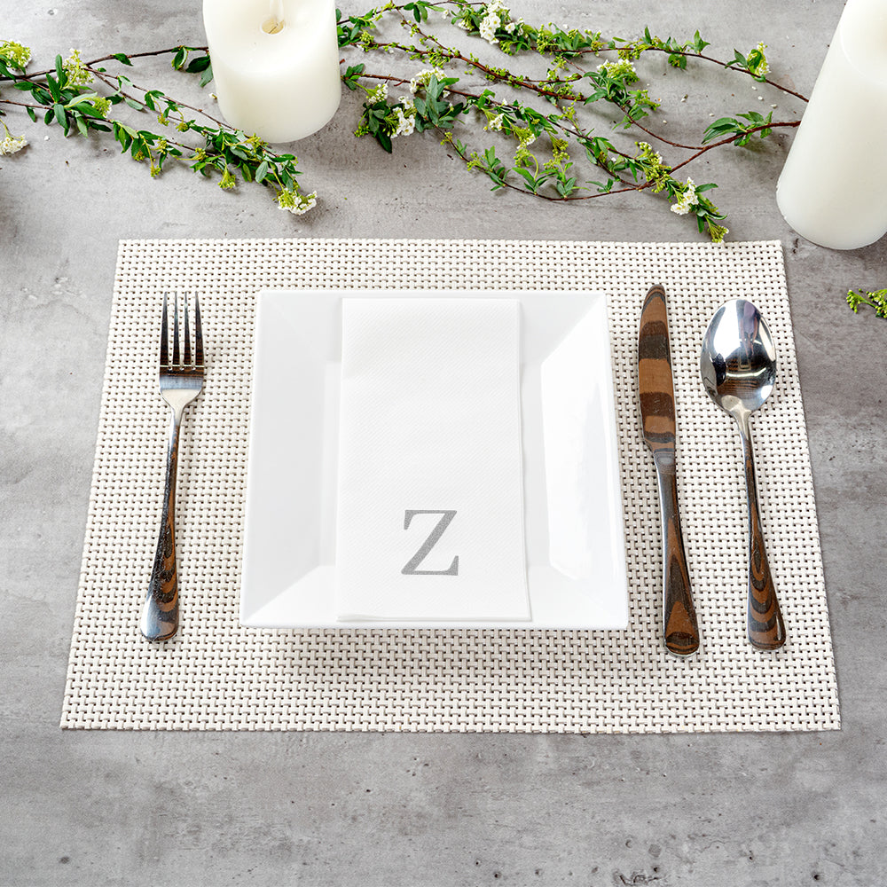 Luxenap Rectangle Silver Letter Z White Paper Linen-Feel Guest Towel / Napkin - Air Laid, Sans Serif Font - 15 3/4" x 8" - 2000 count box