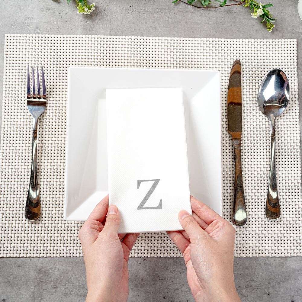 Luxenap Rectangle Silver Letter Z White Paper Linen-Feel Guest Towel / Napkin - Air Laid, Sans Serif Font - 15 3/4" x 8" - 2000 count box