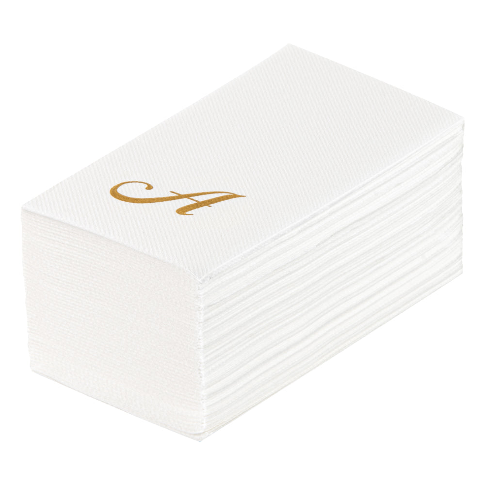 Luxenap Rectangle Gold Letter A White Paper Linen-Feel Guest Towel / Napkin - Air Laid, Cursive Font - 15 3/4" x 8" - 2000 count box