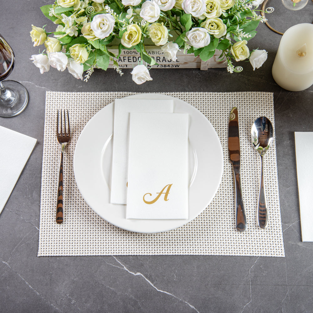 Luxenap Rectangle Gold Letter A White Paper Linen-Feel Guest Towel / Napkin - Air Laid, Cursive Font - 15 3/4" x 8" - 2000 count box
