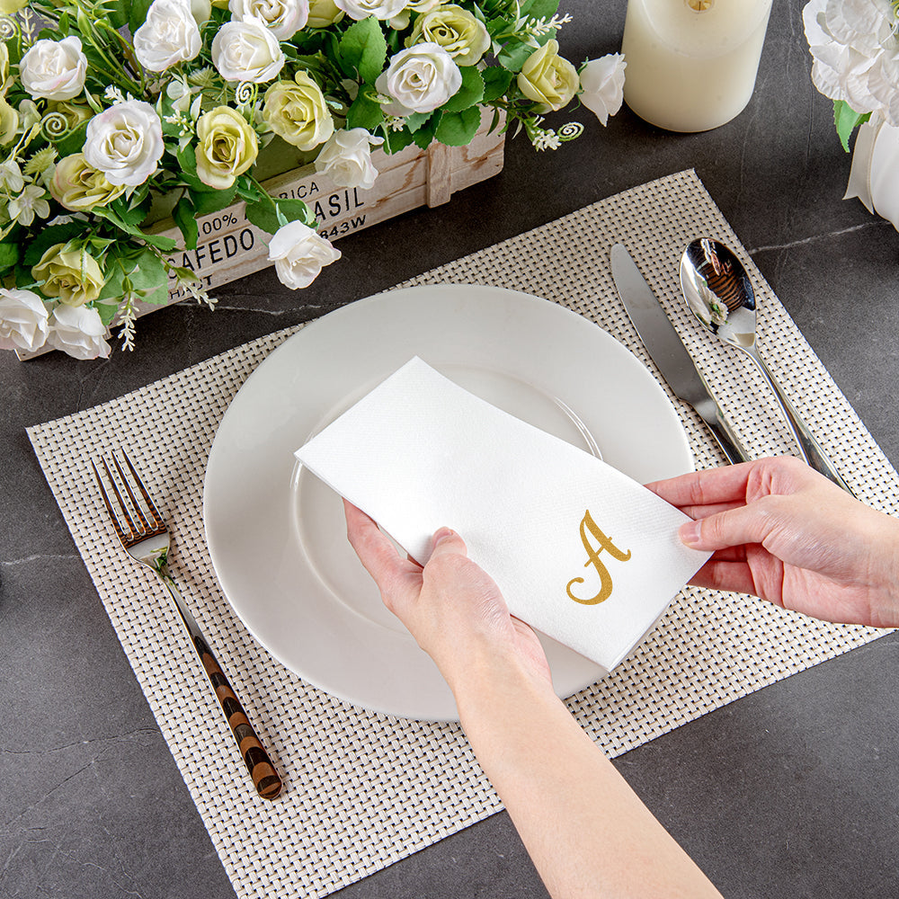 Luxenap Rectangle Gold Letter A White Paper Linen-Feel Guest Towel / Napkin - Air Laid, Cursive Font - 15 3/4" x 8" - 50 count box